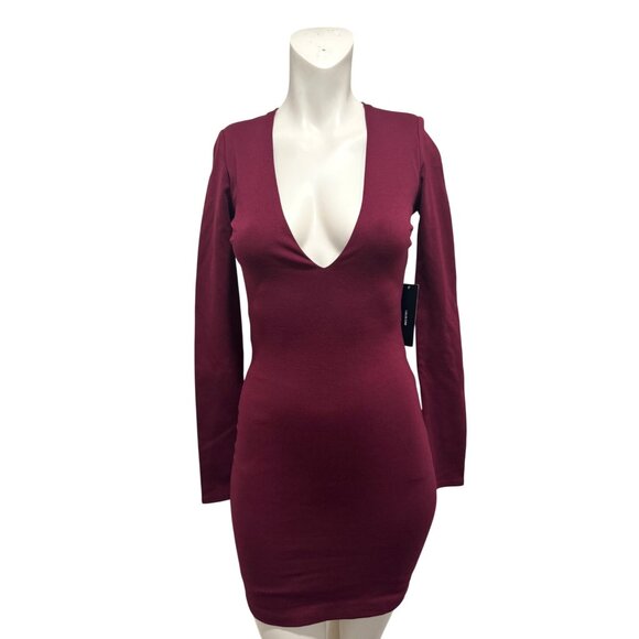 Lulus Mini Dress Knit Deep V Neck Long Sleeve Burgundy - Picture 1 of 6